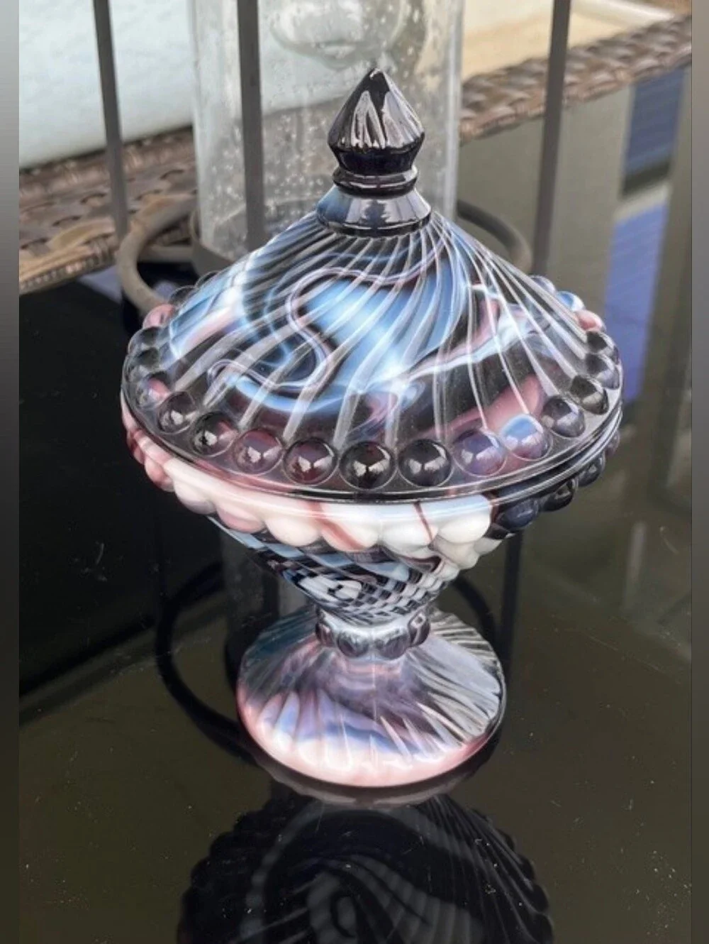 Westmoreland Swirl & Ball Purple & White Slag Glass Covered Candy Dish EUC